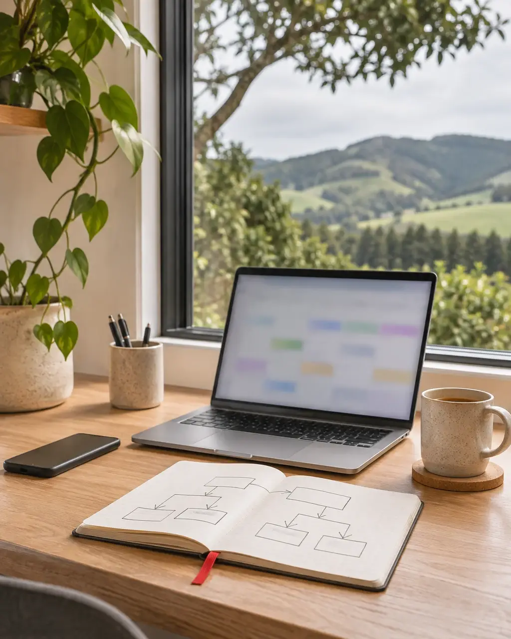 Simple workspace by a window overlooking native bush and green hills, with laptop and notebook