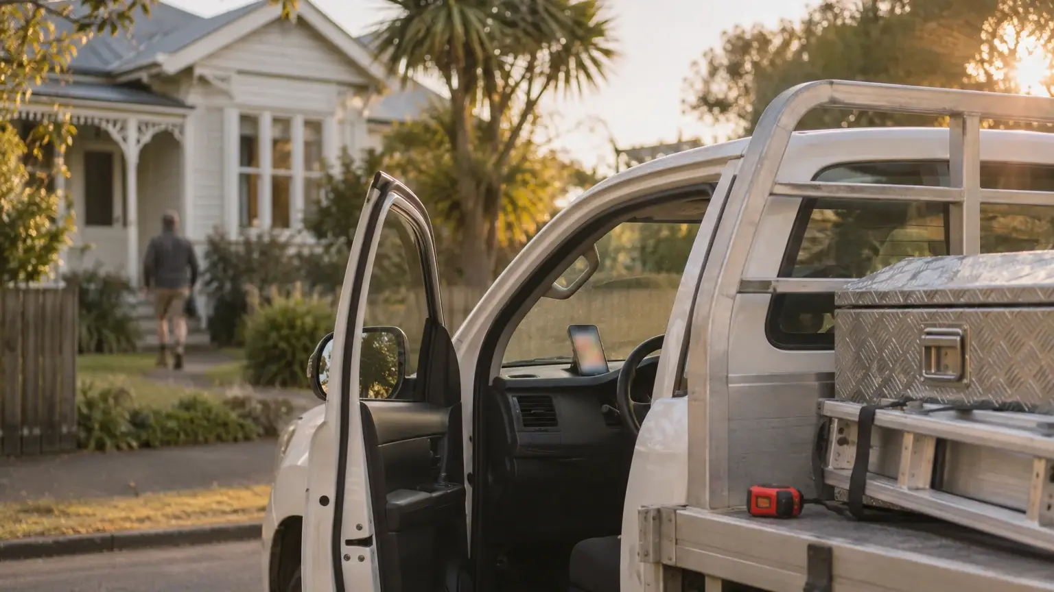 Work ute parked outside a villa at golden hour, phone glowing on the dashboard while the tradie is on the job
