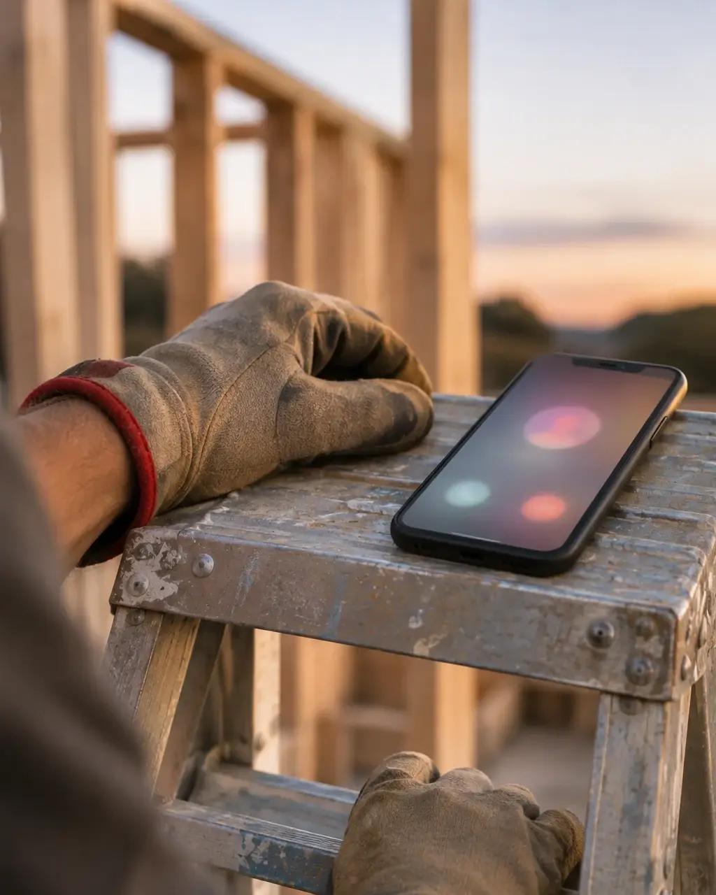 Gloved hands busy on a ladder while a phone lights up with a call nobody can answer