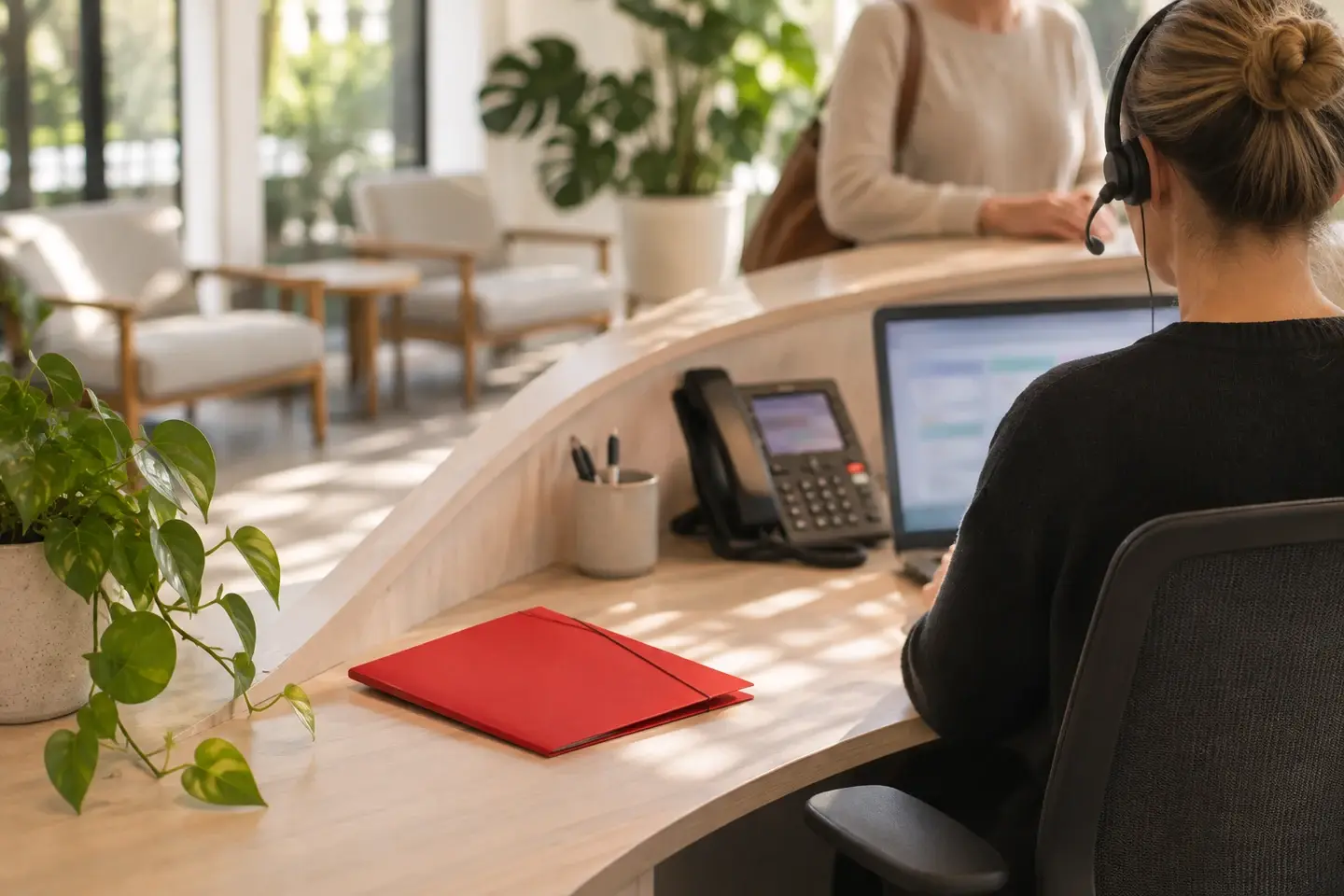 Clinic reception in morning light, a receptionist with a headset seen from behind at the counter