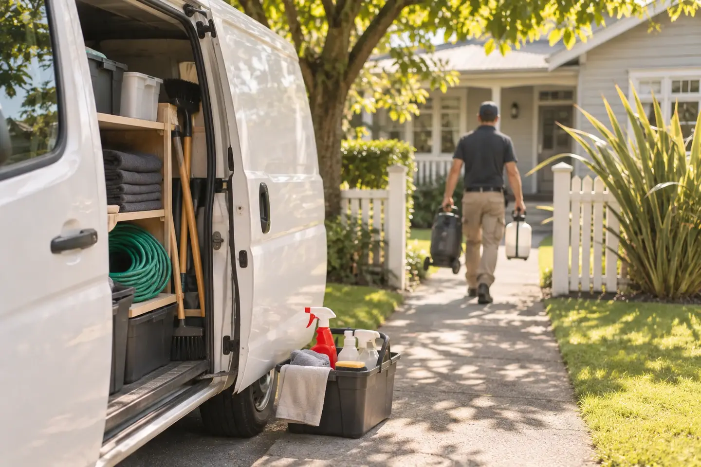 Service van with its side door open on a leafy street as a worker carries gear up to a bungalow