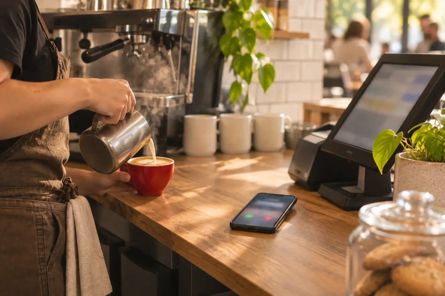 Barista pouring a flat white during the morning rush as a phone lights up beside the till