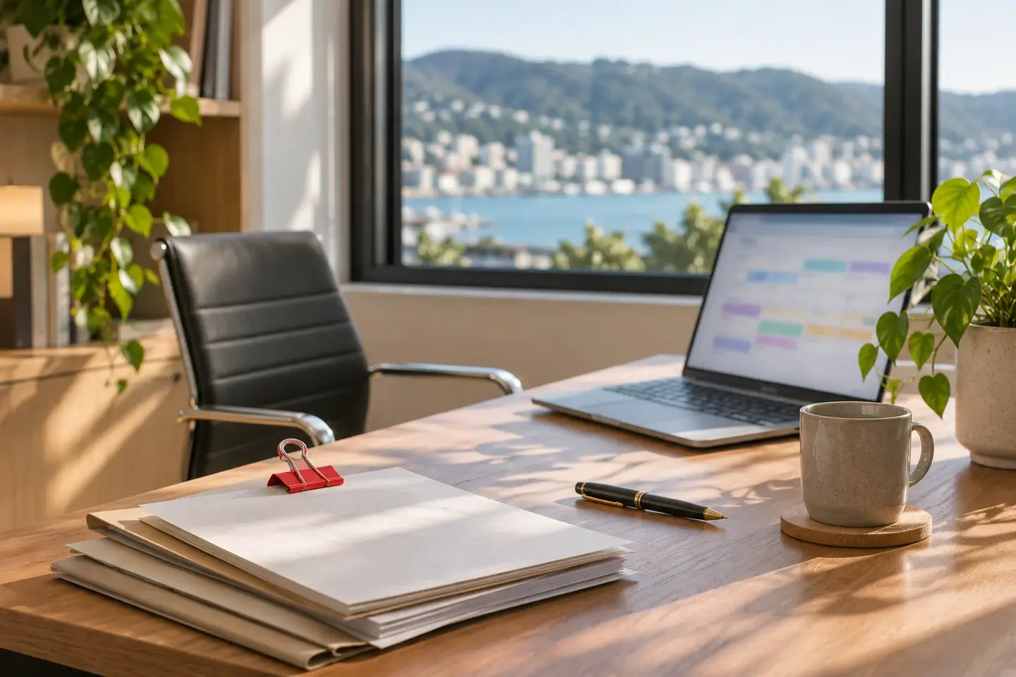 Quiet professional office with folders and a laptop, harbour city soft through the window