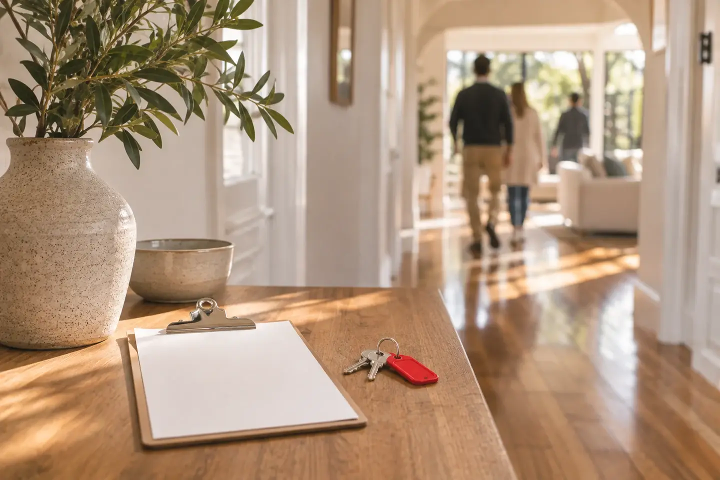 Sunlit villa hallway during an open home, keys and a blank clipboard on the hall table