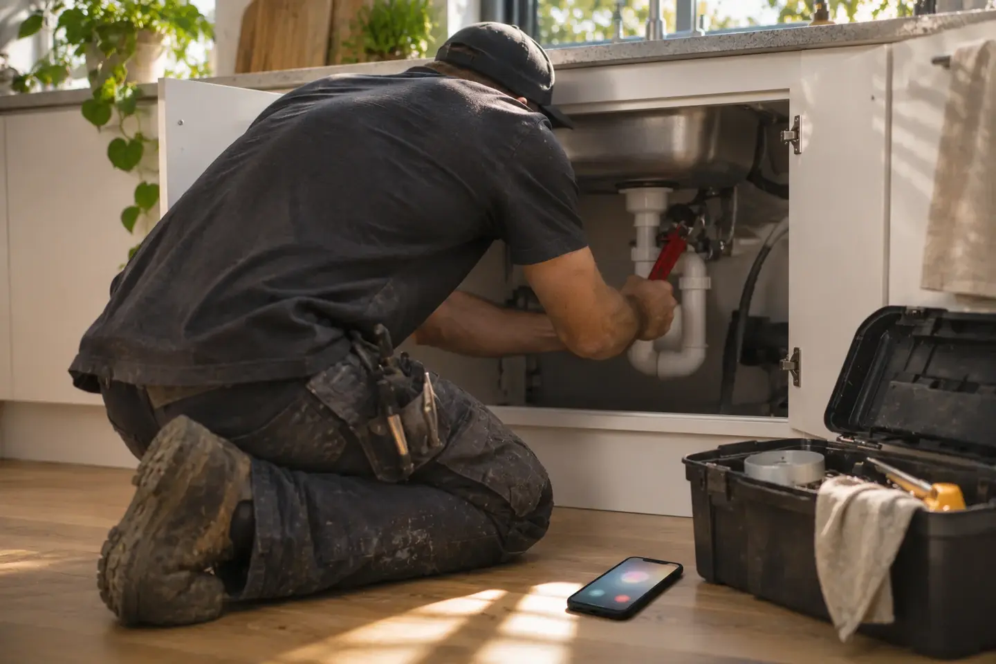 Plumber under a kitchen sink with hands full while a phone lights up on the floor beside the toolbox