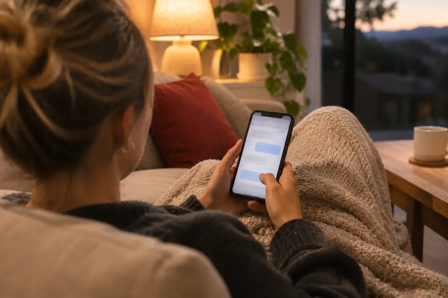 Customer on a sofa in the evening chatting with a business website on their phone after hours