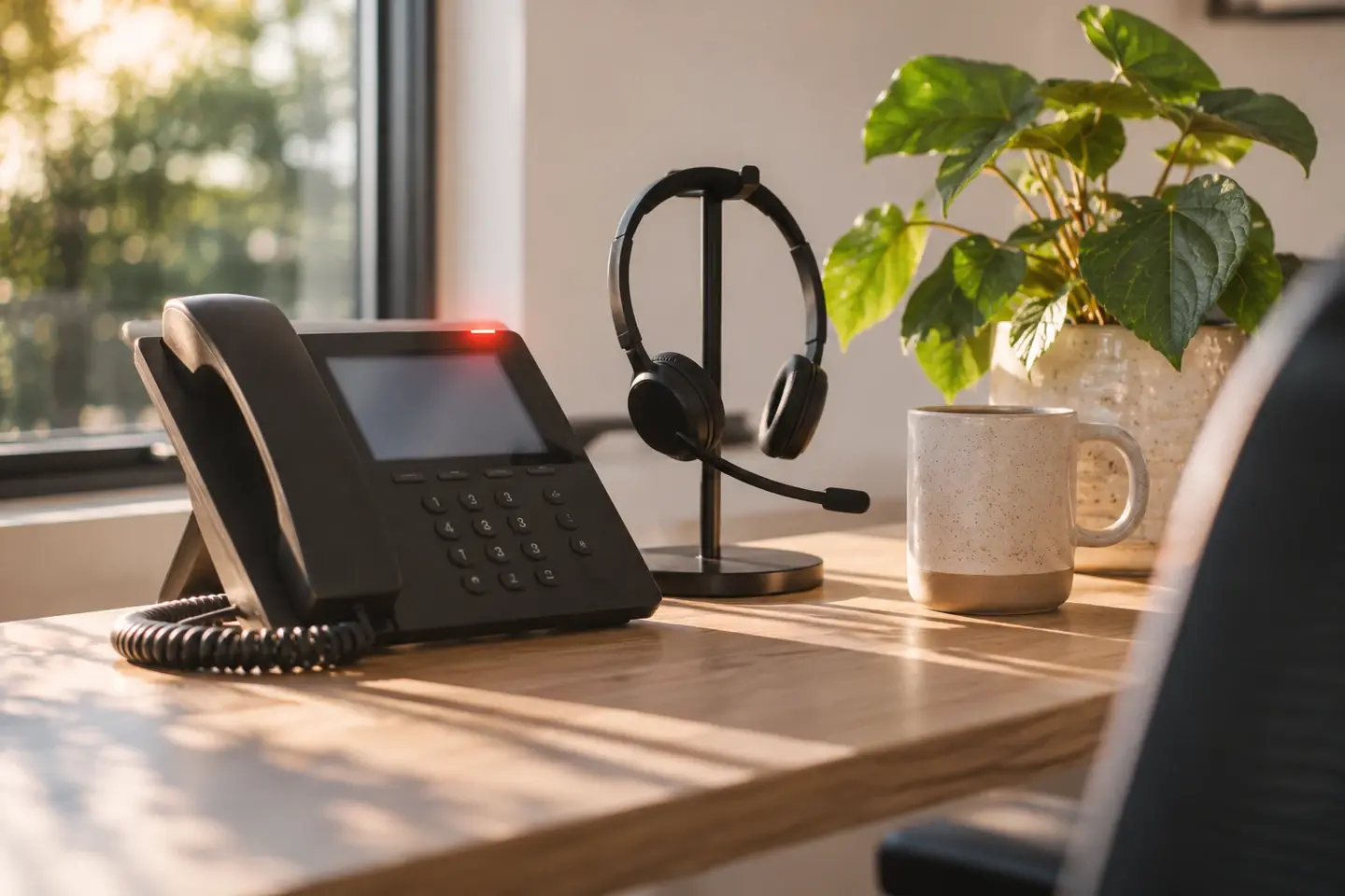 Empty front desk in morning light, a headset resting beside a phone with a small light on as a call is handled
