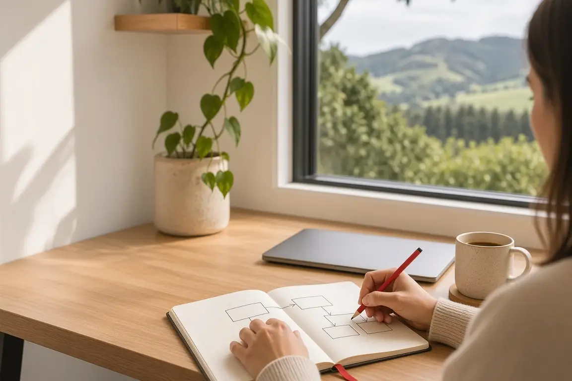 Hands sketching a simple flow diagram of boxes and arrows in a notebook with a red pencil, beside a closed laptop and a coffee by a window