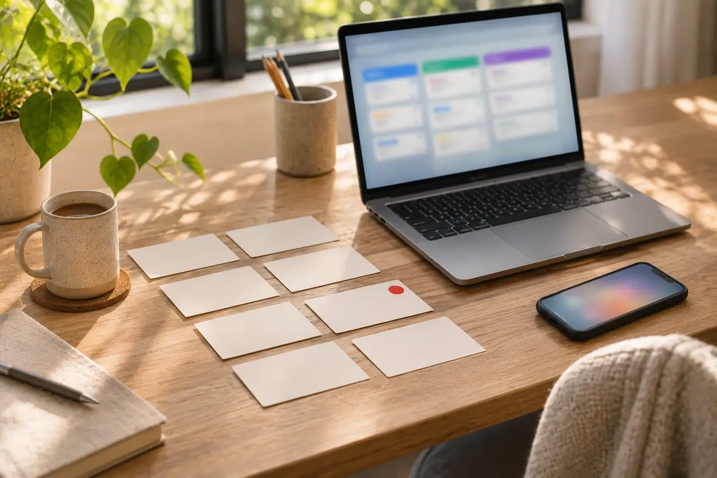 Laptop showing a sales pipeline board beside neat rows of blank cards on a light timber desk