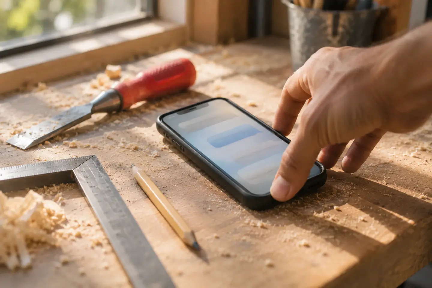A hand reaching for a phone on a workshop bench as a reply message appears after a missed call