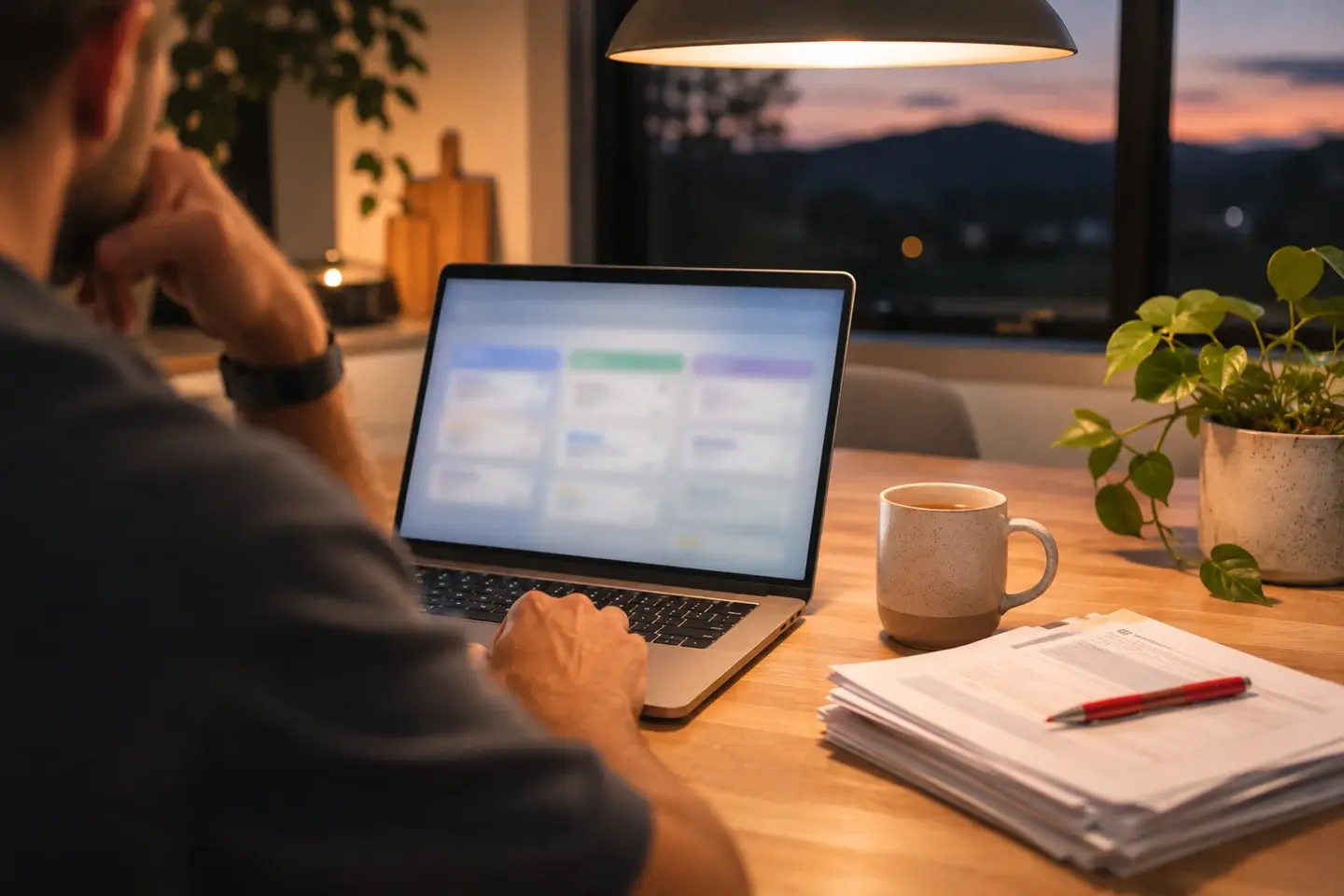 Owner at a kitchen table in the evening with a laptop and a tidy stack of invoices set aside